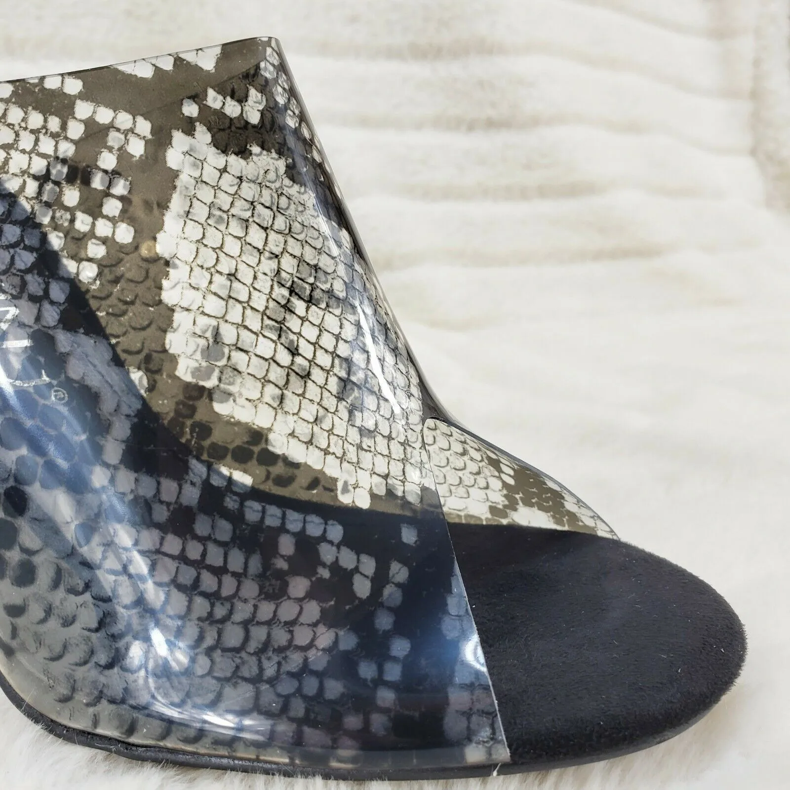 Mac J Black Transparent Snake Print Slip On Clog 5" Clear Acrylic Wedge Heels