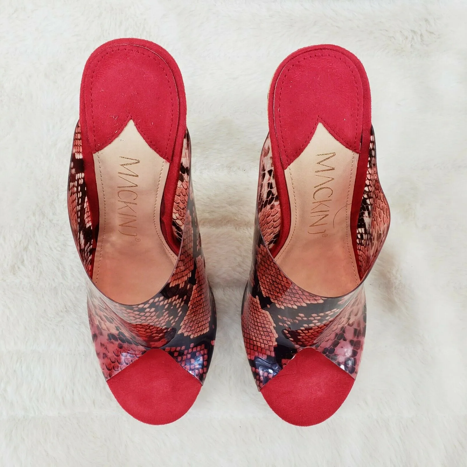 Mac J Red Transparent Snake Print Slip On Clog 5" Clear Acrylic Wedge Heels