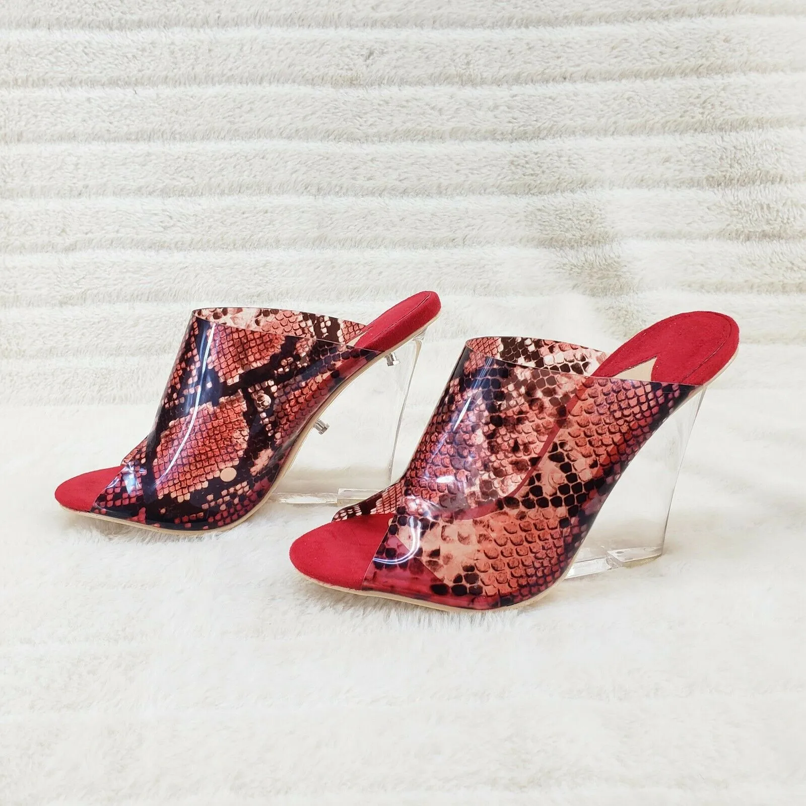 Mac J Red Transparent Snake Print Slip On Clog 5" Clear Acrylic Wedge Heels
