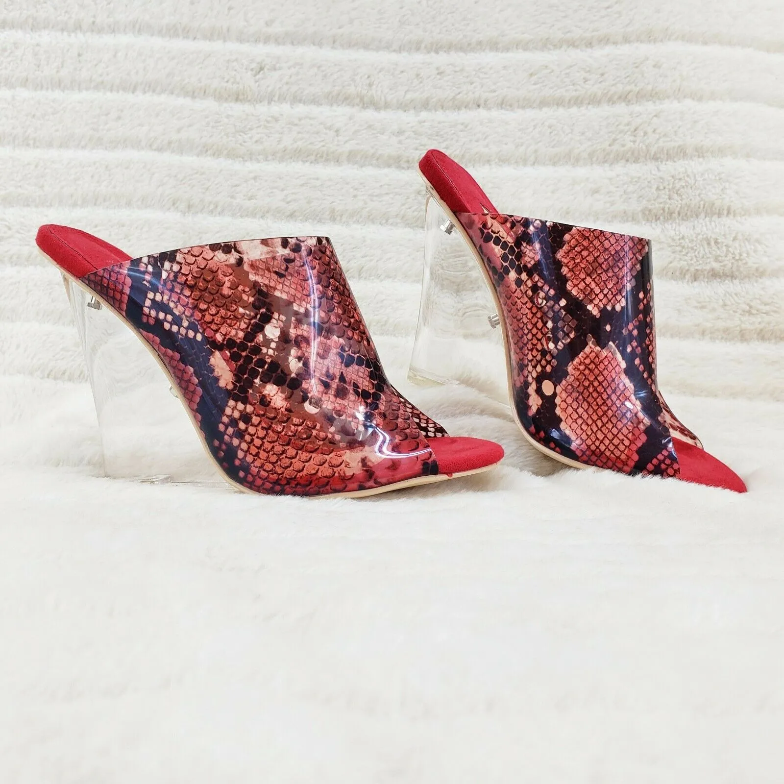 Mac J Red Transparent Snake Print Slip On Clog 5" Clear Acrylic Wedge Heels