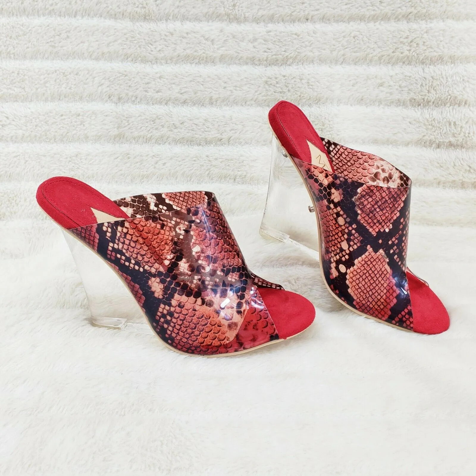 Mac J Red Transparent Snake Print Slip On Clog 5" Clear Acrylic Wedge Heels