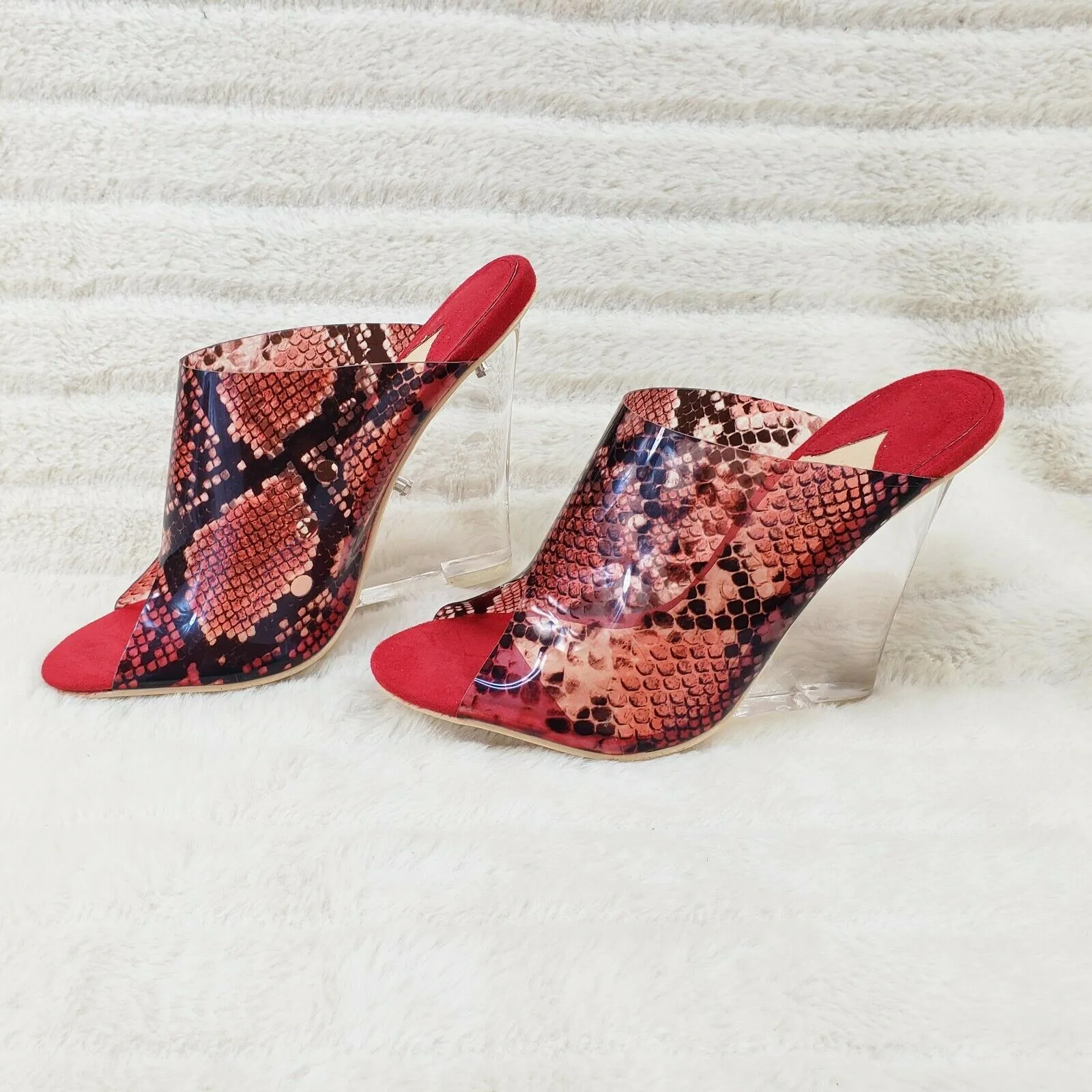 Mac J Red Transparent Snake Print Slip On Clog 5" Clear Acrylic Wedge Heels