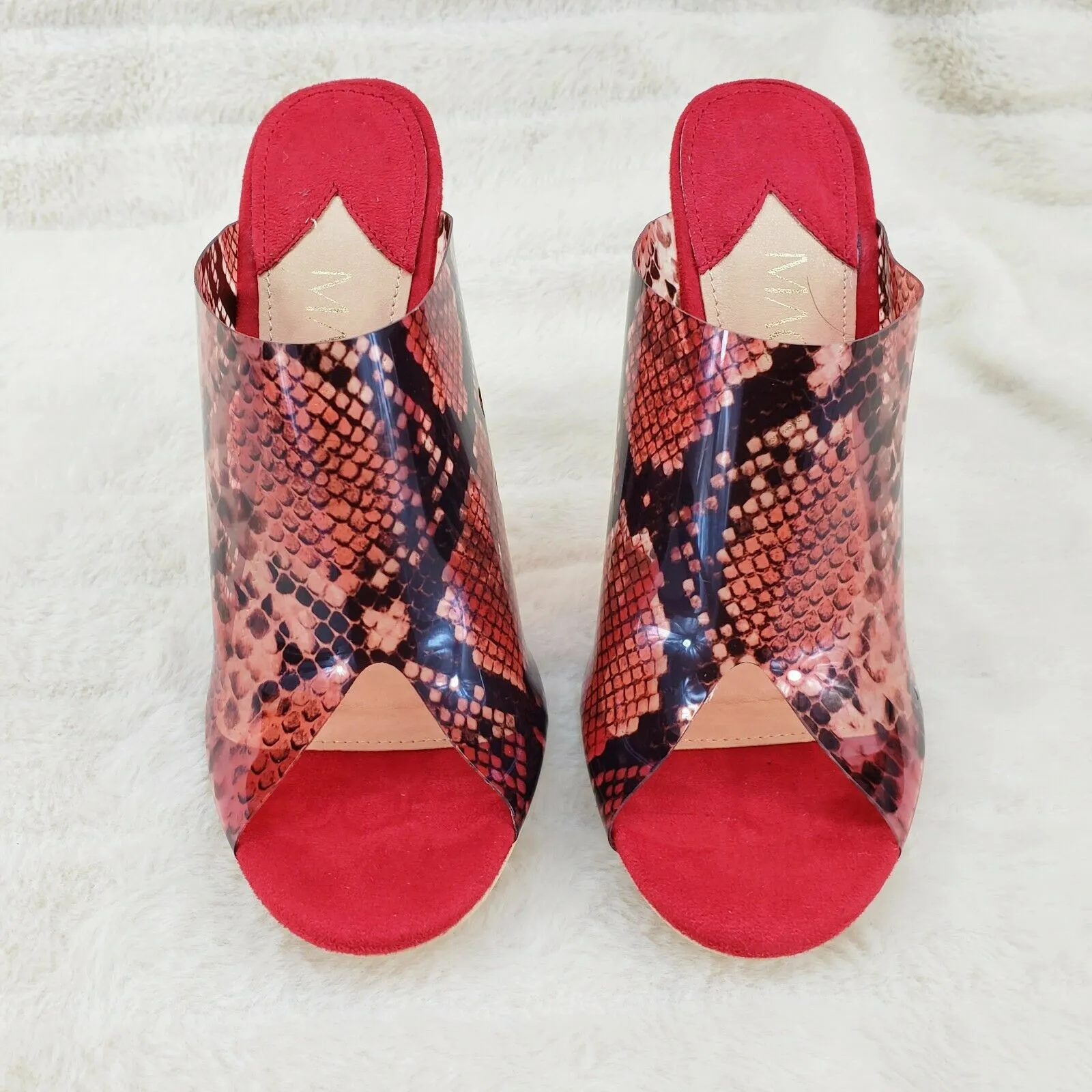 Mac J Red Transparent Snake Print Slip On Clog 5" Clear Acrylic Wedge Heels