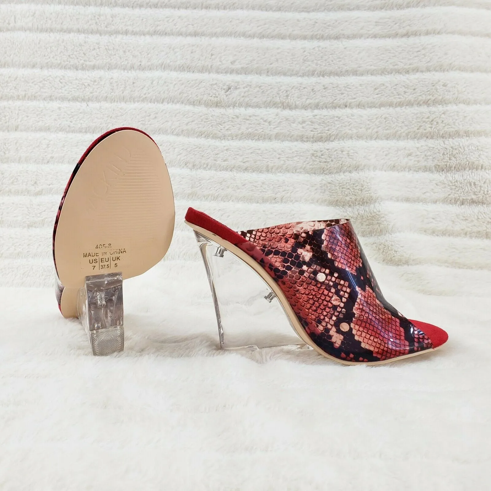 Mac J Red Transparent Snake Print Slip On Clog 5" Clear Acrylic Wedge Heels