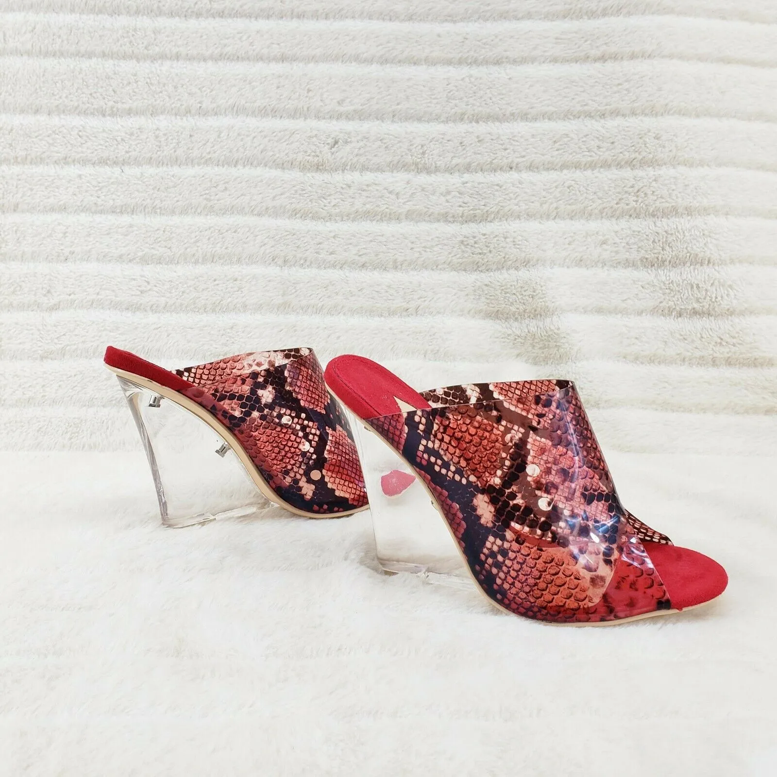 Mac J Red Transparent Snake Print Slip On Clog 5" Clear Acrylic Wedge Heels