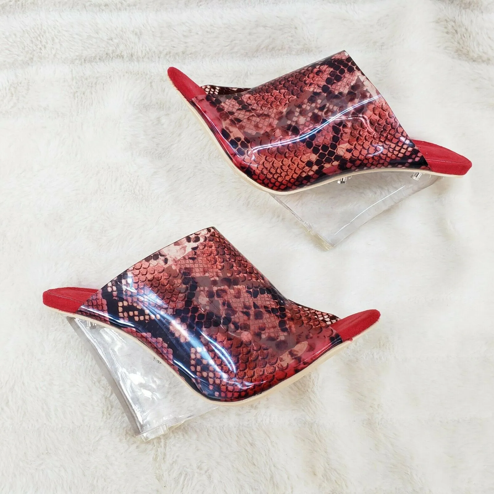 Mac J Red Transparent Snake Print Slip On Clog 5" Clear Acrylic Wedge Heels