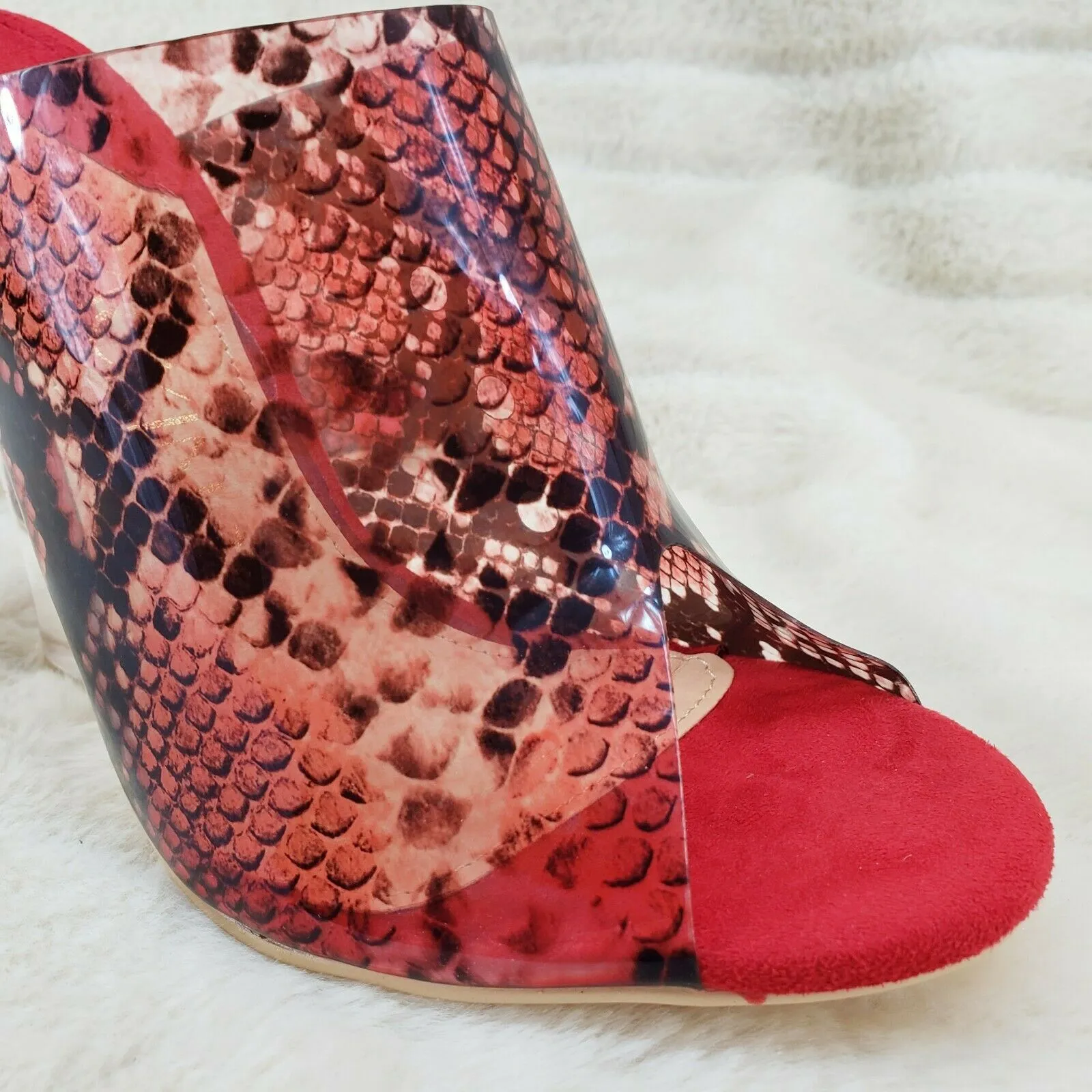 Mac J Red Transparent Snake Print Slip On Clog 5" Clear Acrylic Wedge Heels