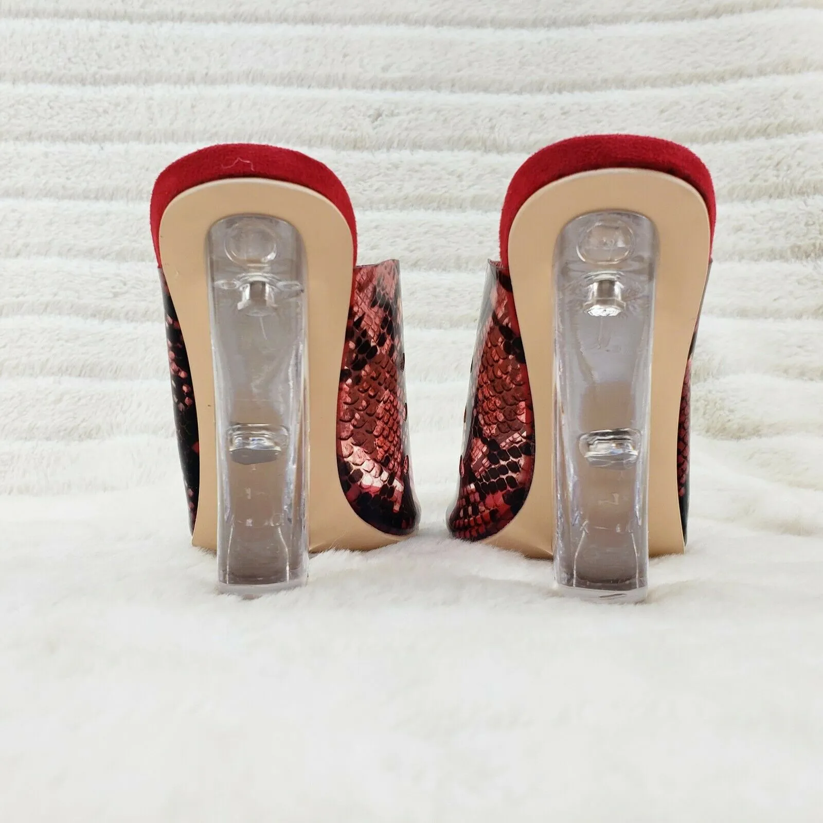 Mac J Red Transparent Snake Print Slip On Clog 5" Clear Acrylic Wedge Heels