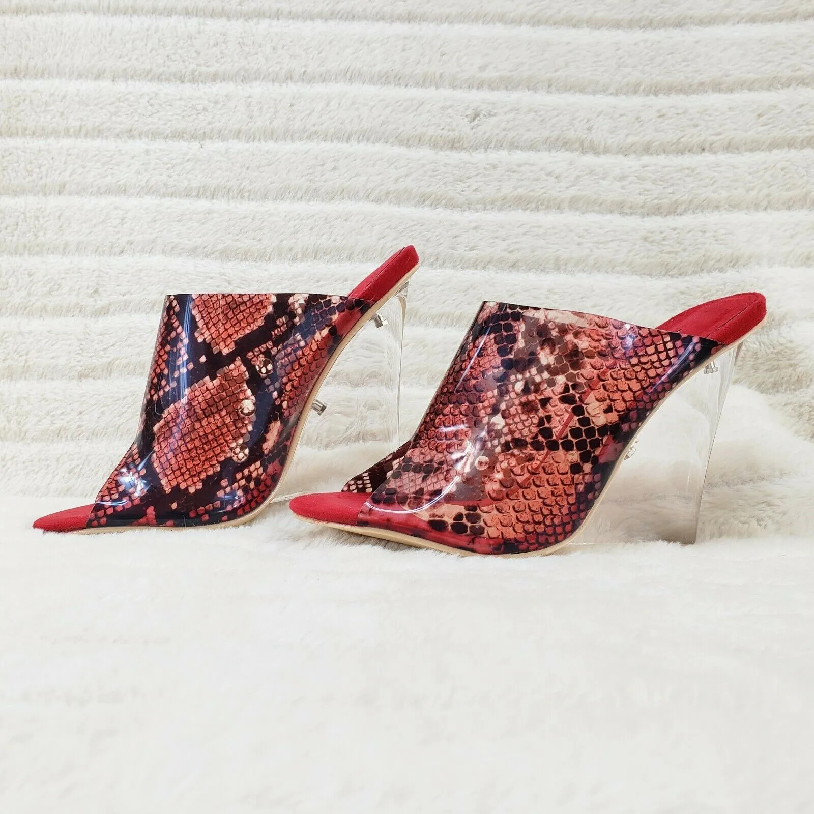 Mac J Red Transparent Snake Print Slip On Clog 5" Clear Acrylic Wedge Heels