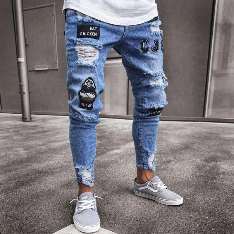 Men's Ankle-Length Skinny Jeans: Distressed Denim with Patches