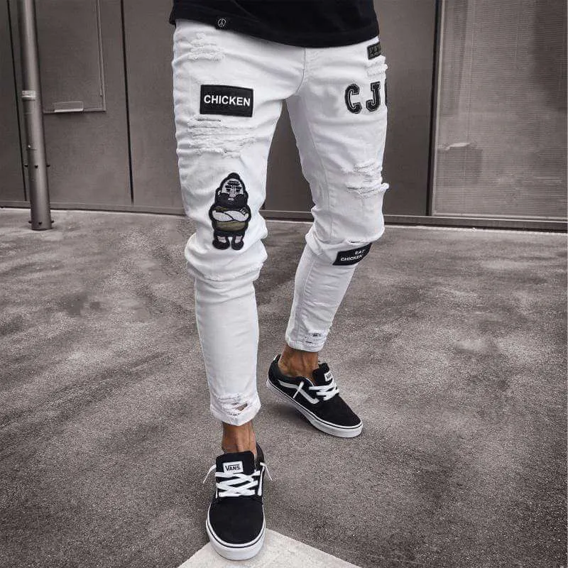 Men's Ankle-Length Skinny Jeans: Distressed Denim with Patches