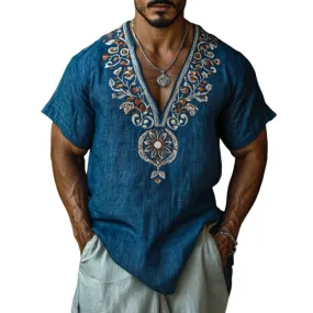Men's Casual Deep V Neck Embroidered Linen Loose Short Sleeve Shirt 21762942M