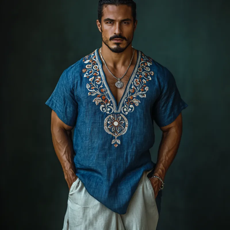 Men's Casual Deep V Neck Embroidered Linen Loose Short Sleeve Shirt 21762942M