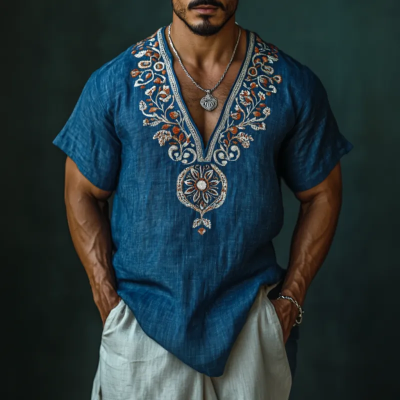 Men's Casual Deep V Neck Embroidered Linen Loose Short Sleeve Shirt 21762942M