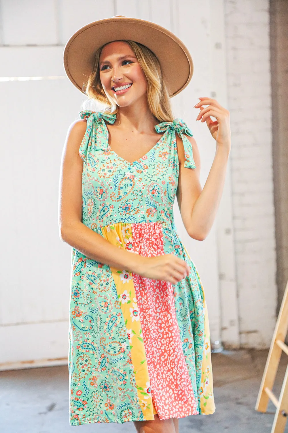 Mint Floral & Leopard Color Block Shoulder Tie Knot Dress