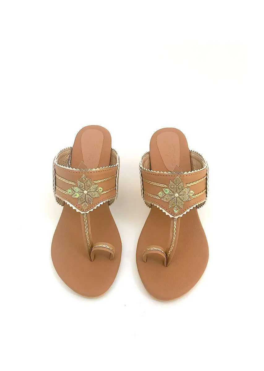 Nude Kolhapuri Heels With Zari Embroidered Motif And Block Heel By Sole House