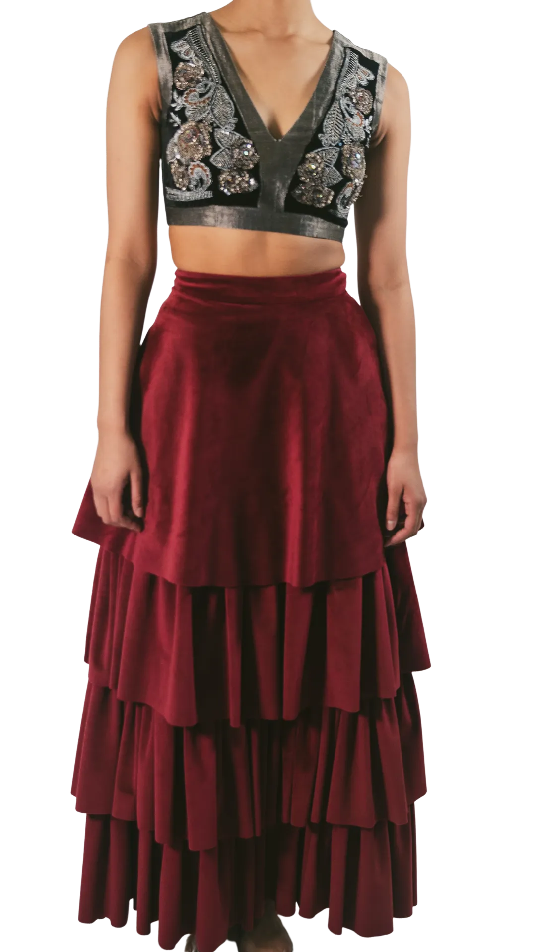 Pewter Embellished Crop Top With Velvet Tiered Lehenga