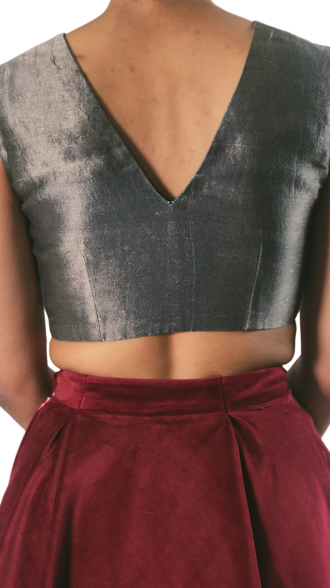 Pewter Embellished Crop Top With Velvet Tiered Lehenga