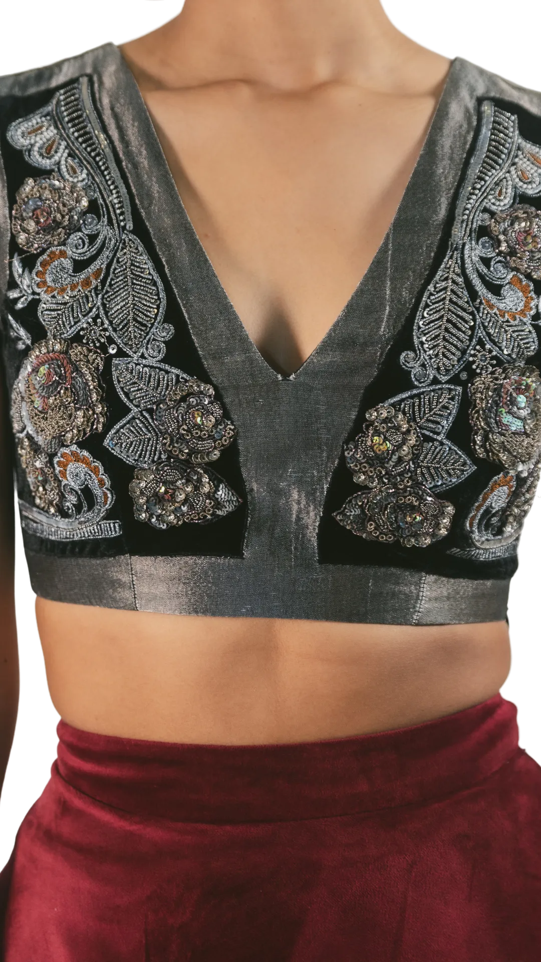 Pewter Embellished Crop Top With Velvet Tiered Lehenga