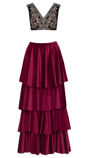 Pewter Embellished Crop Top With Velvet Tiered Lehenga