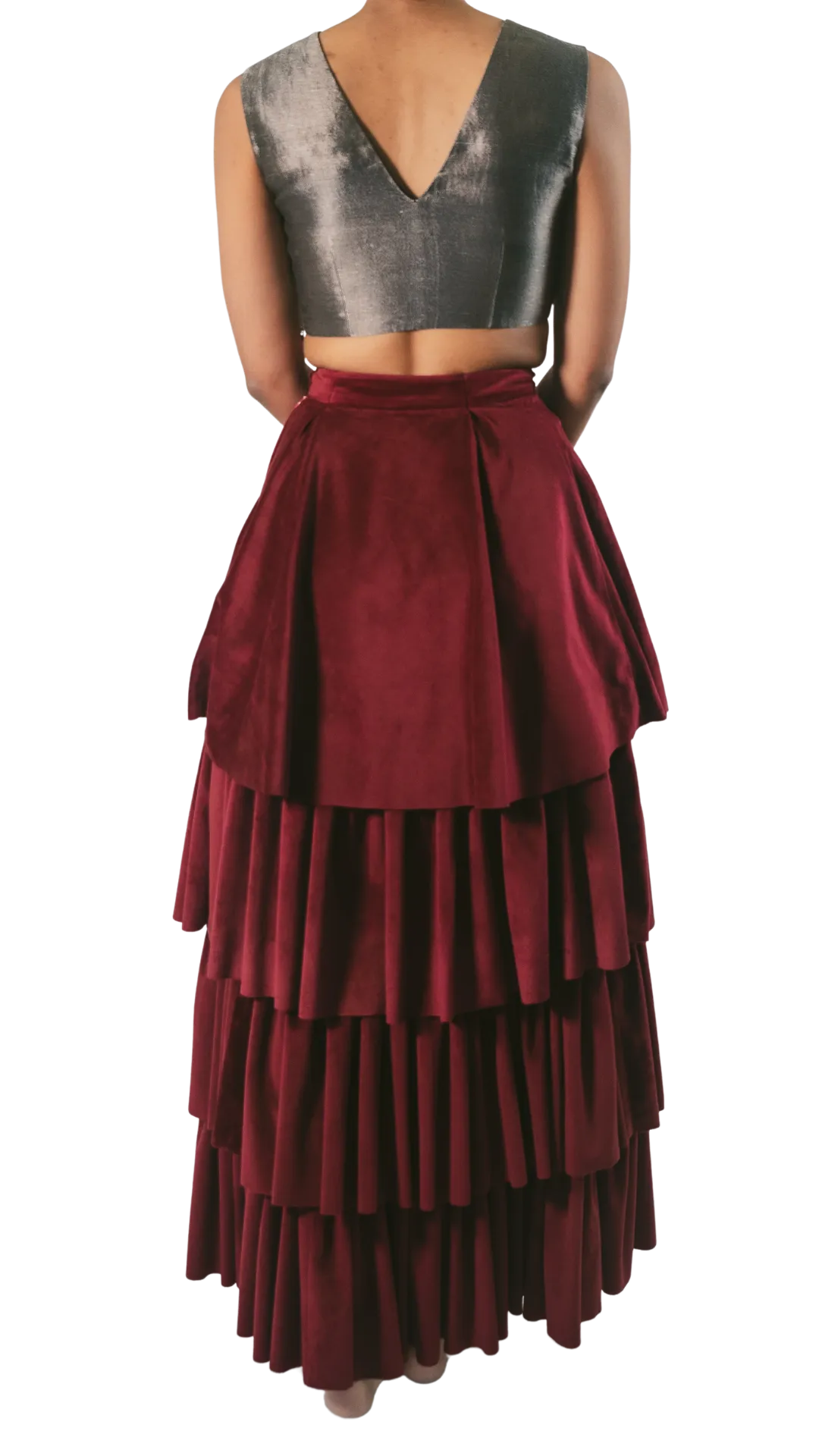 Pewter Embellished Crop Top With Velvet Tiered Lehenga