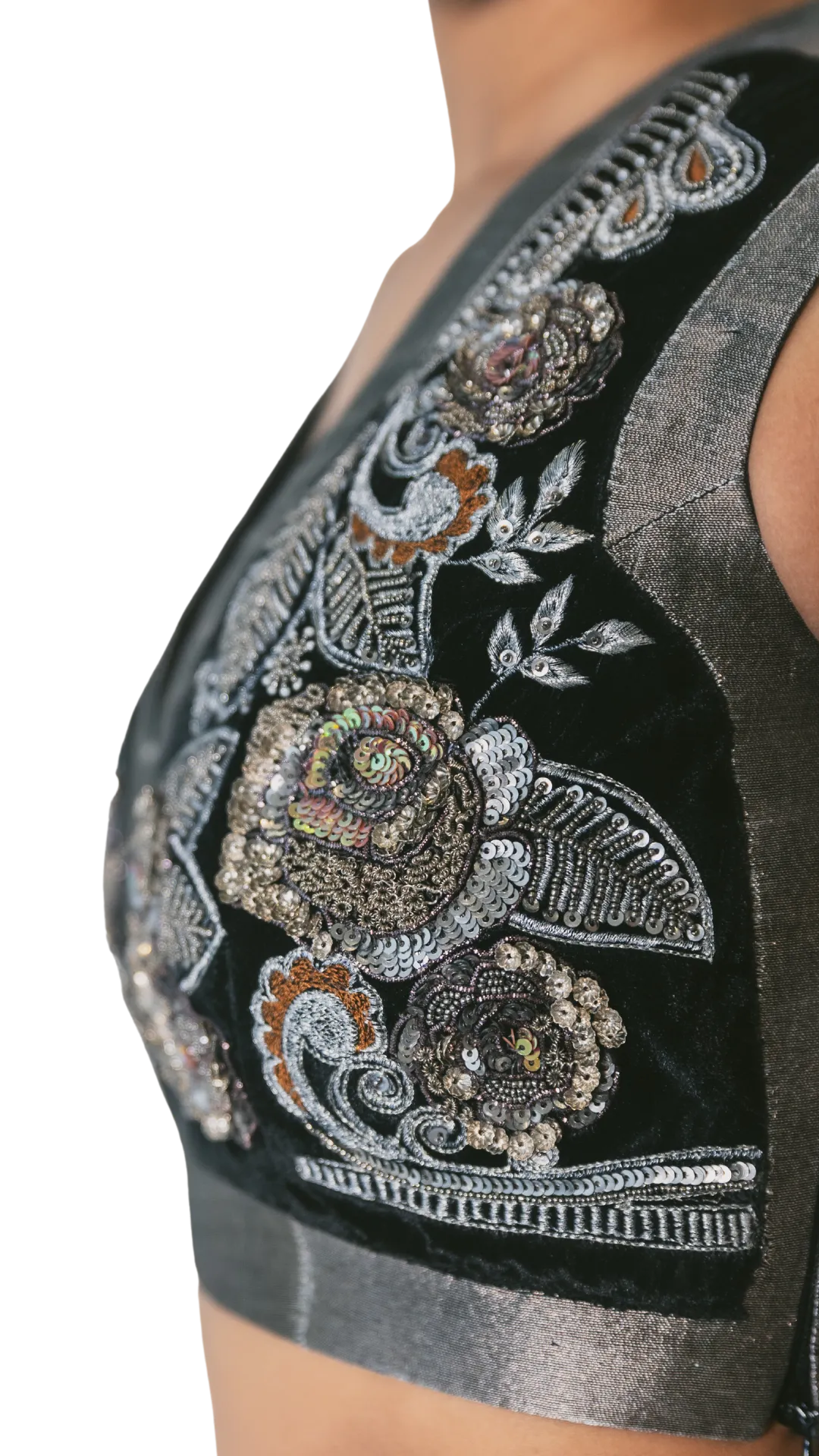 Pewter Embellished Crop Top With Velvet Tiered Lehenga