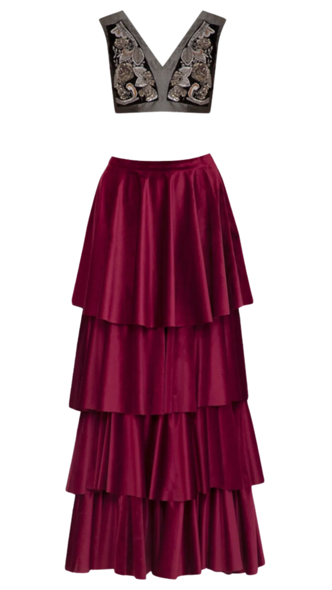 Pewter Embellished Crop Top With Velvet Tiered Lehenga
