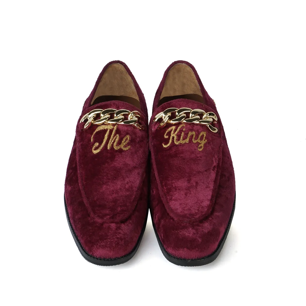 Royal Embroidered 'The King' Crafted Initial With Gold Chain Maroon Velvet Slip-On For Men Brune & Bareskin