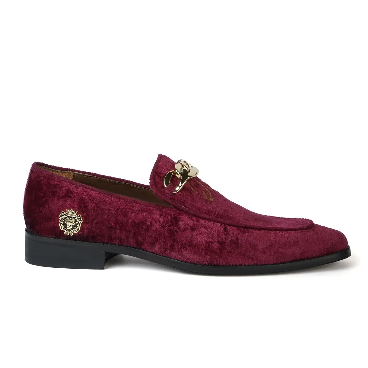 Royal Embroidered 'The King' Crafted Initial With Gold Chain Maroon Velvet Slip-On For Men Brune & Bareskin
