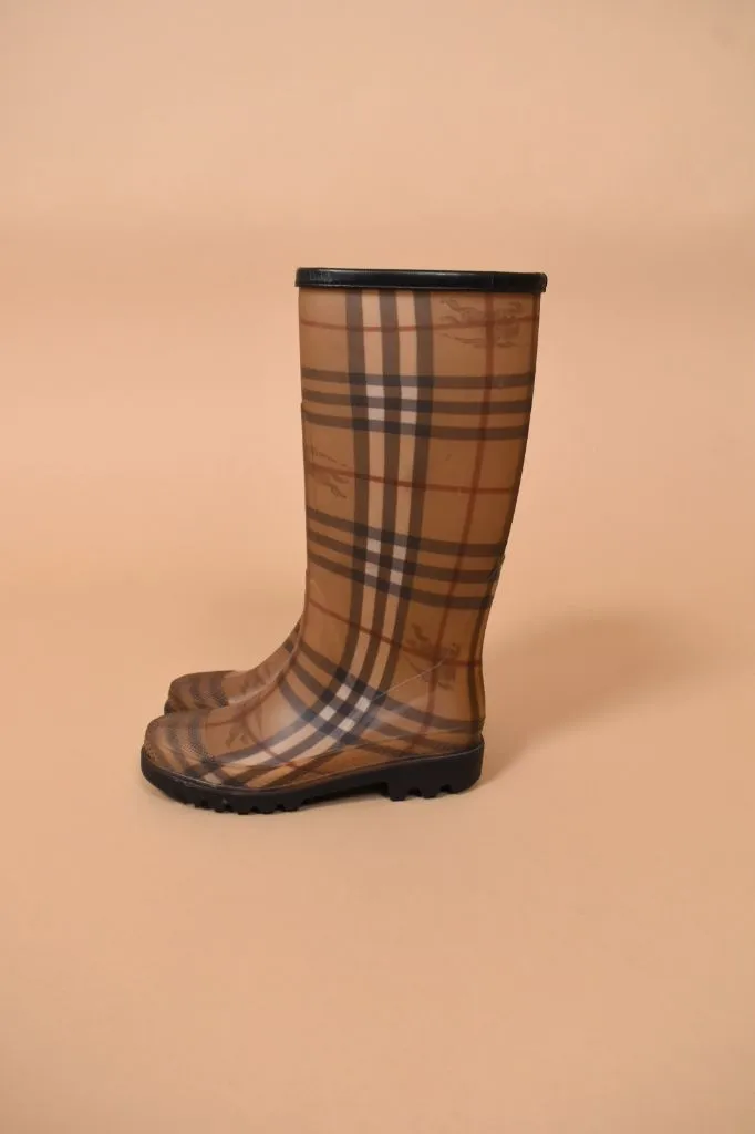 Tan Plaid Rain Boots, Size: 35, By Burberry
