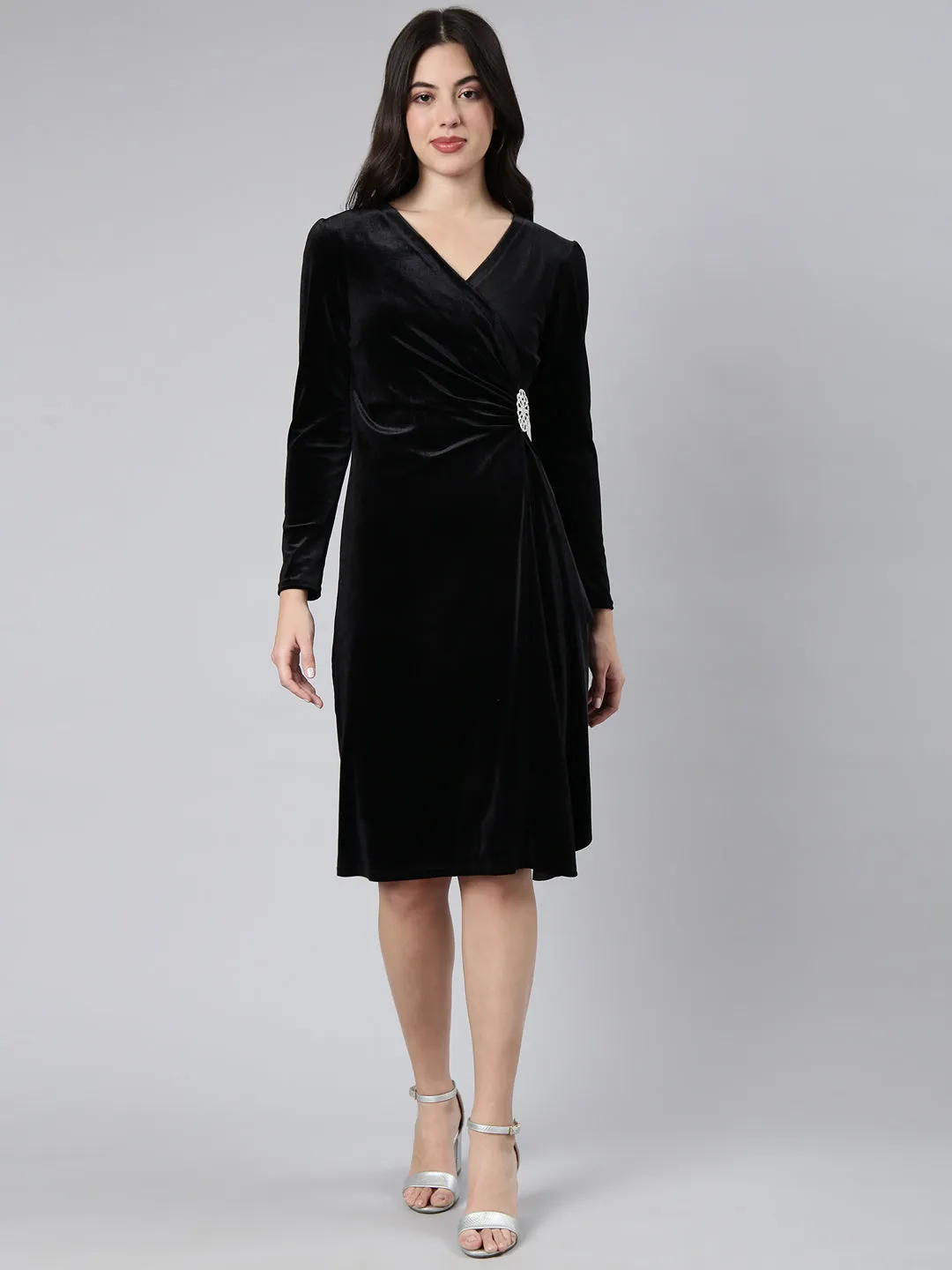 Women Solid Black A-Line Dress